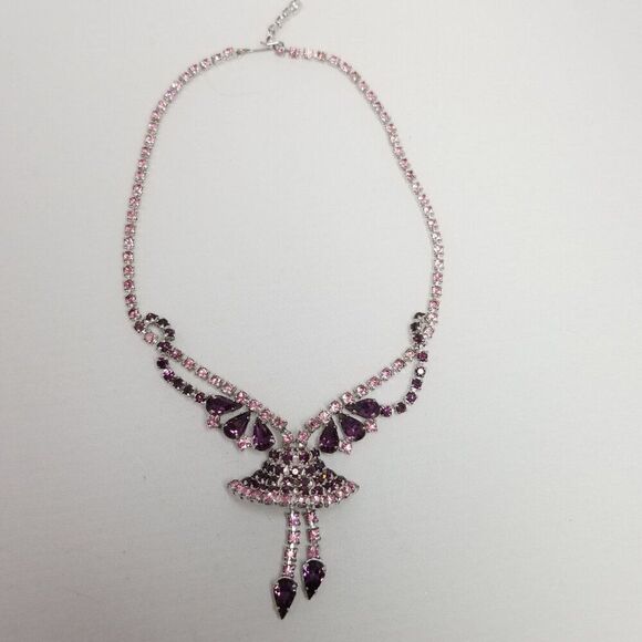 Vintage Purple Rhinestone Bell Shape Tutu Pendant Necklace, Retro Unique Design - Picture 5 of 5